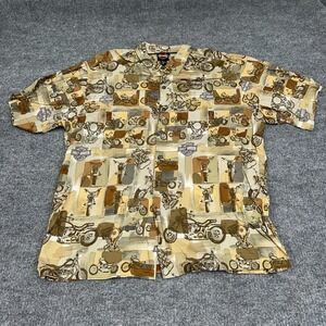 VTG Harley Davidson Shirt Men XL Beige All Over Print Motorcycle Retro Button Up